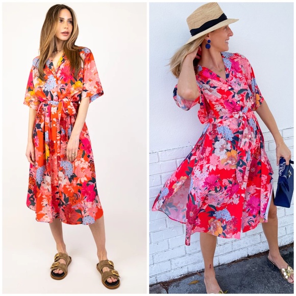 Cara Cara Hobbs Dress Japanese Floral Red Size M/L - Picture 1 of 5